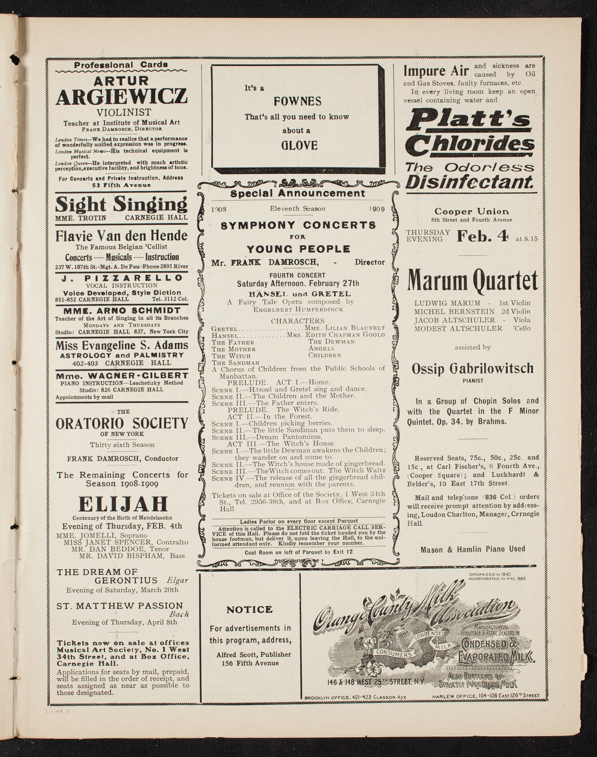 Ben Greet Players with New York Symphony Orchestra: Mendelssohn Centennial Festival, February 1, 1909, program page 9