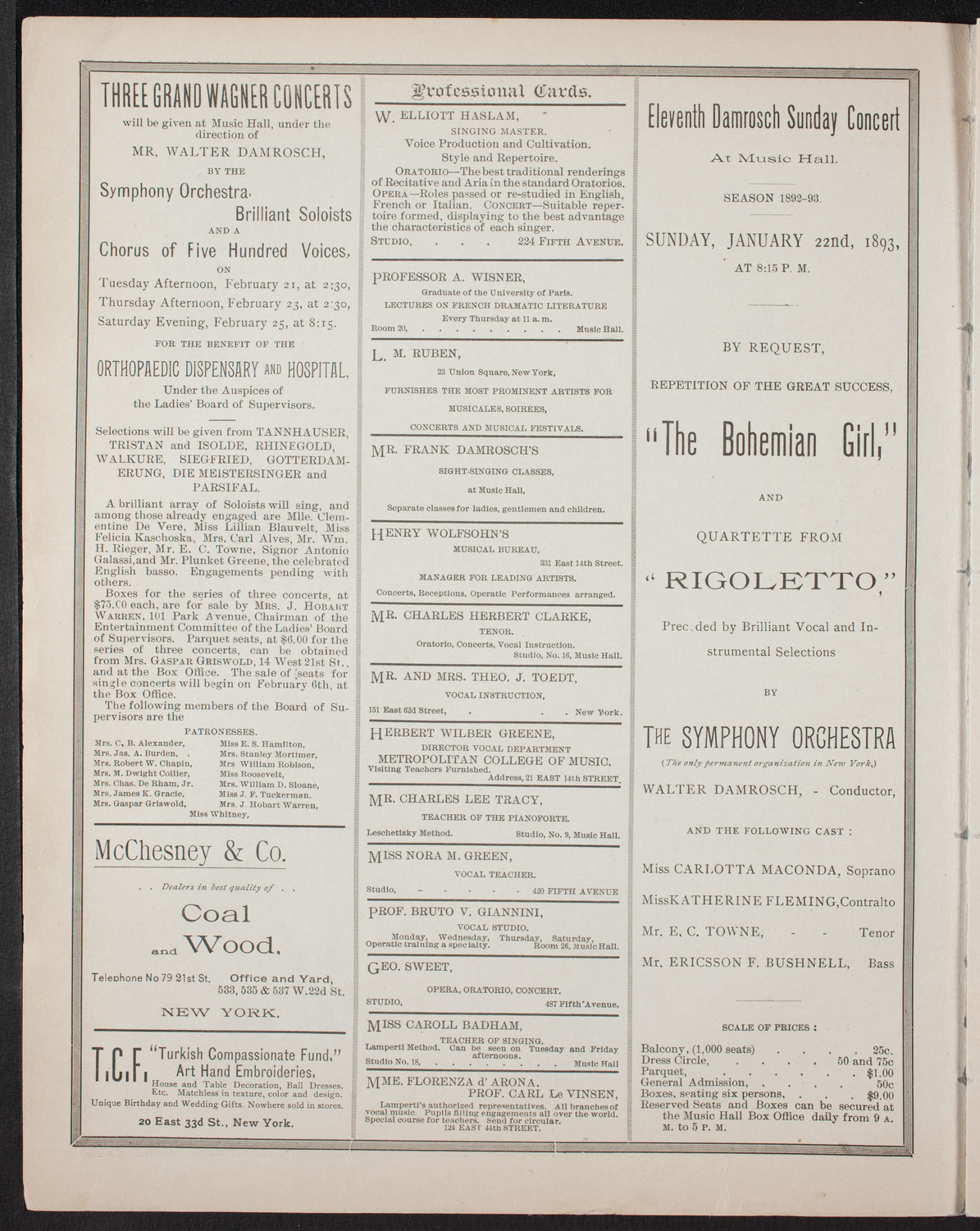 Damrosch Sunday Concert, January 15, 1893, program page 2
