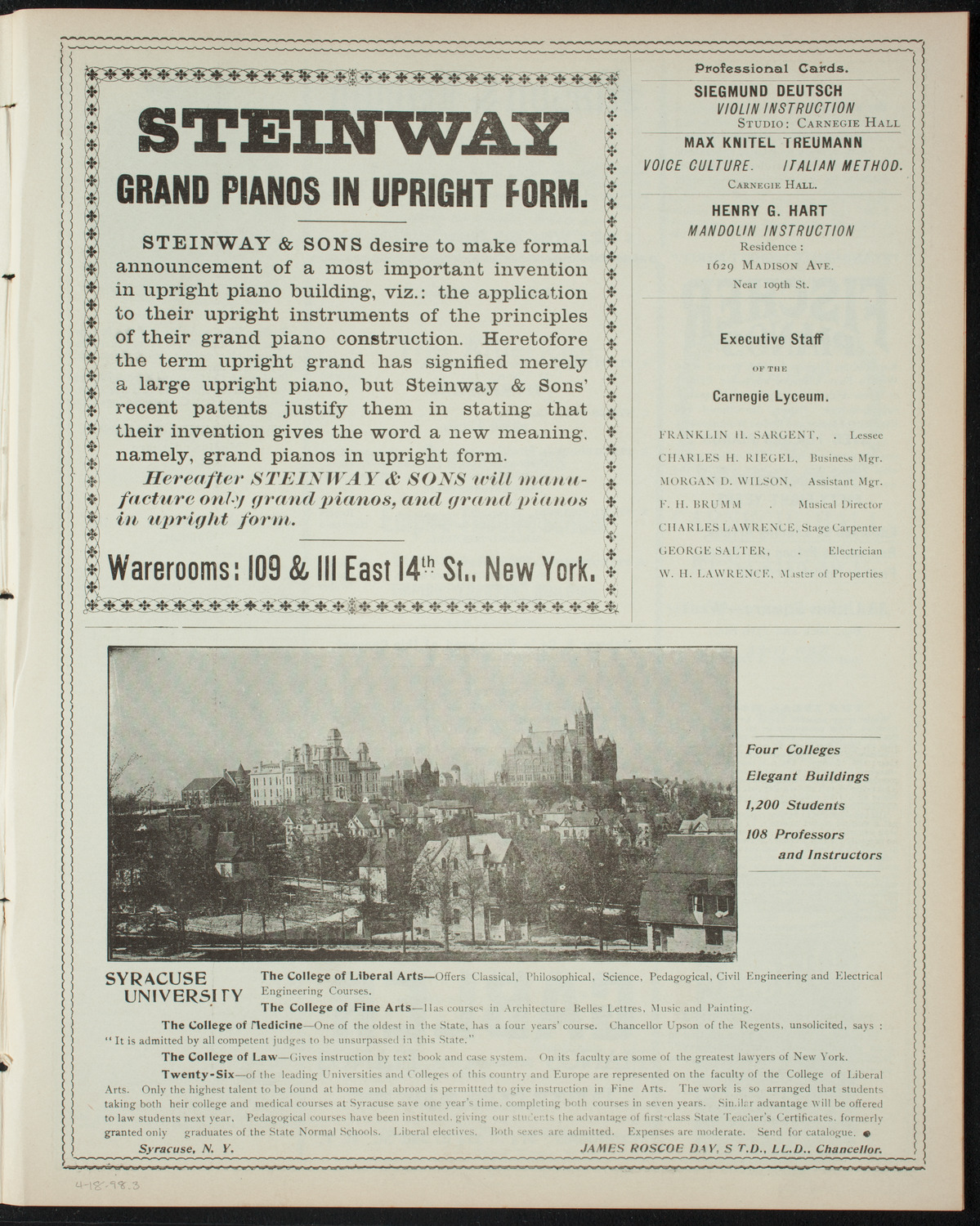 Benefit: Bessie and Mamie Silberfeld, April 18, 1898, program page 5