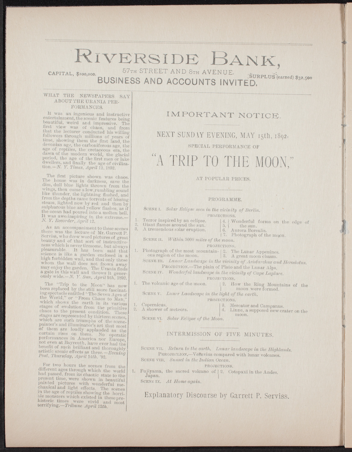 Urania Scientific Theatre, May 8, 1892, program page 2