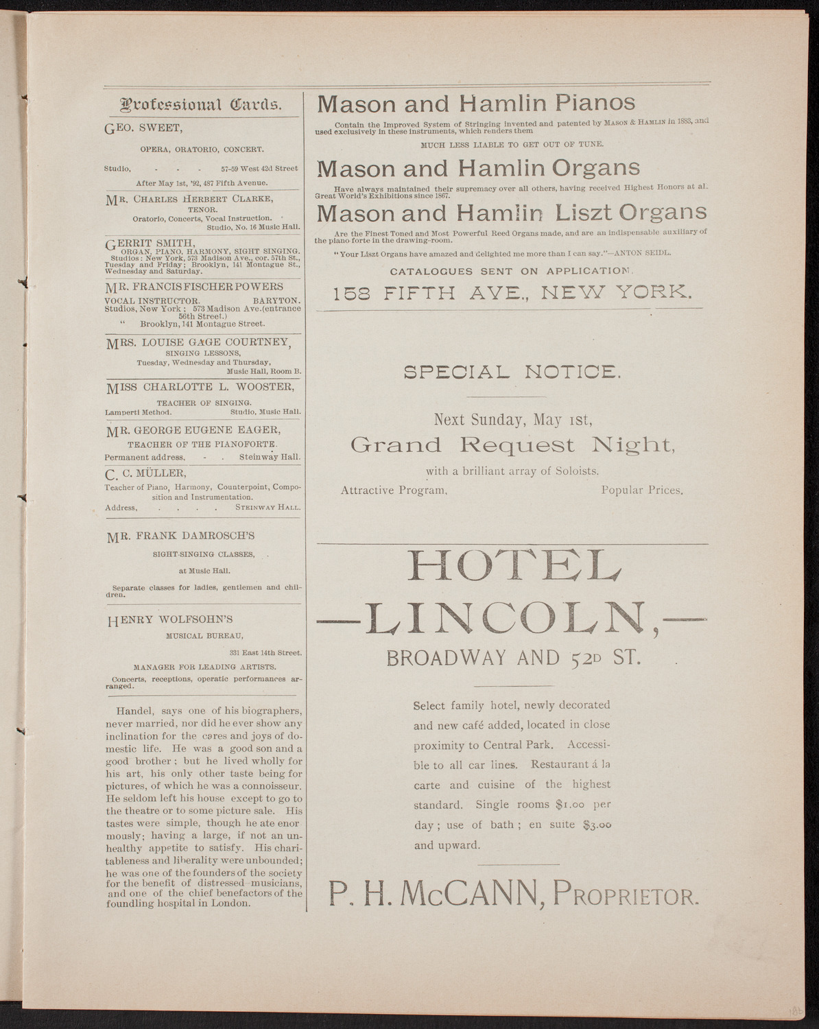 Urania Scientific Theatre, April 30, 1892, program page 5