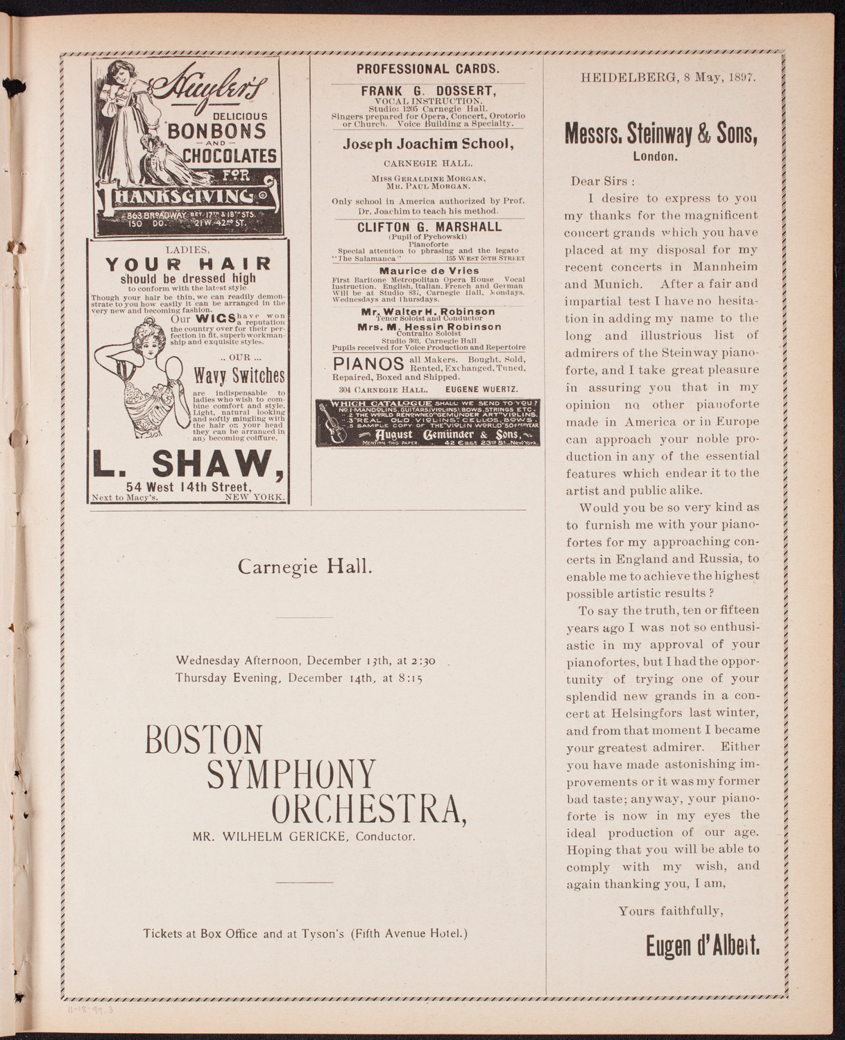 New York Philharmonic, November 18, 1899, program page 5