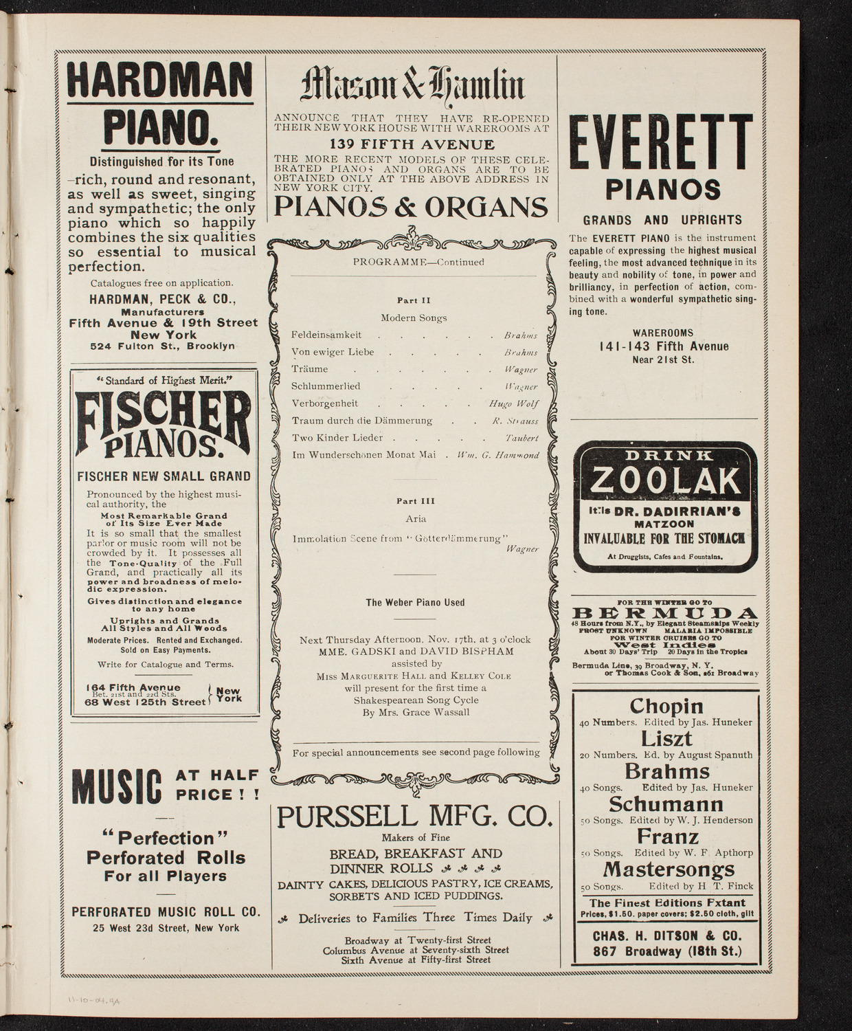 Johanna Gadski, Soprano, November 10, 1904, program page 7