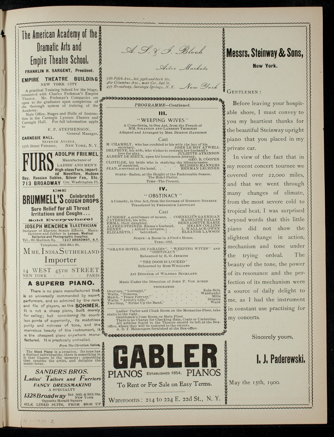 Academy Stock Company of the American Academy of Dramatic Arts and Empire Theatre Dramatic School, November 1, 1900, program page 3