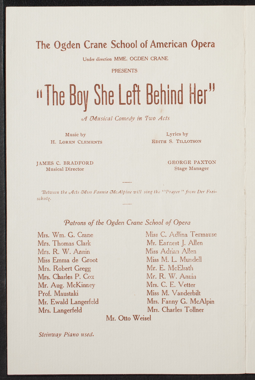 Ogden Crane School of American Opera, May 27, 1907, program page 2