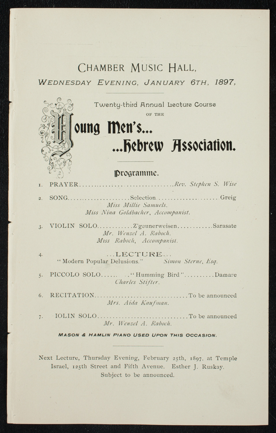 Young Men's Hebrew Association: 23rd Annual Lecture Series, January 6, 1897, program page 1