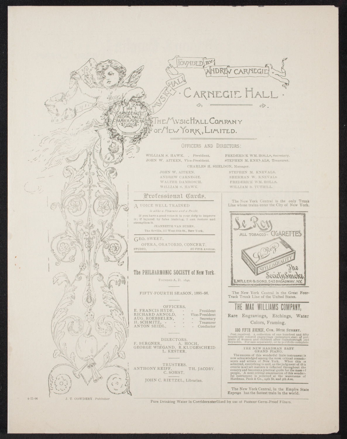 New York Philharmonic, April 11, 1896, program page 1