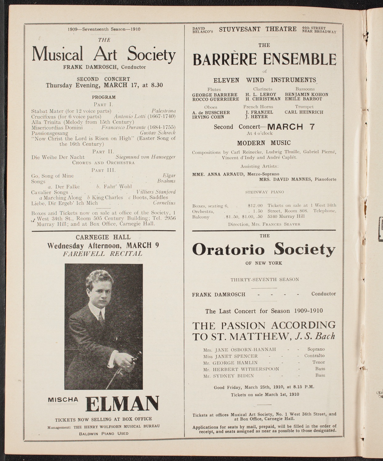 Marcella Sembrich, Soprano, March 1, 1910, program page 10