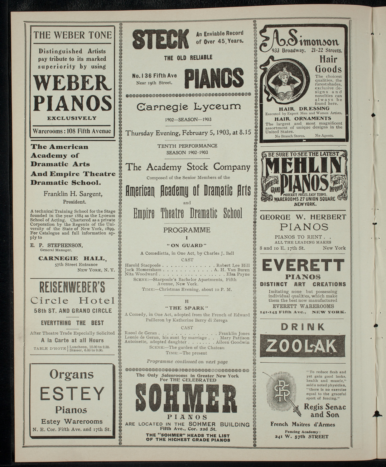 Academy Stock Company of the American Academy of Dramatic Arts/Empire Theatre Dramatic School, February 5, 1903, program page 2