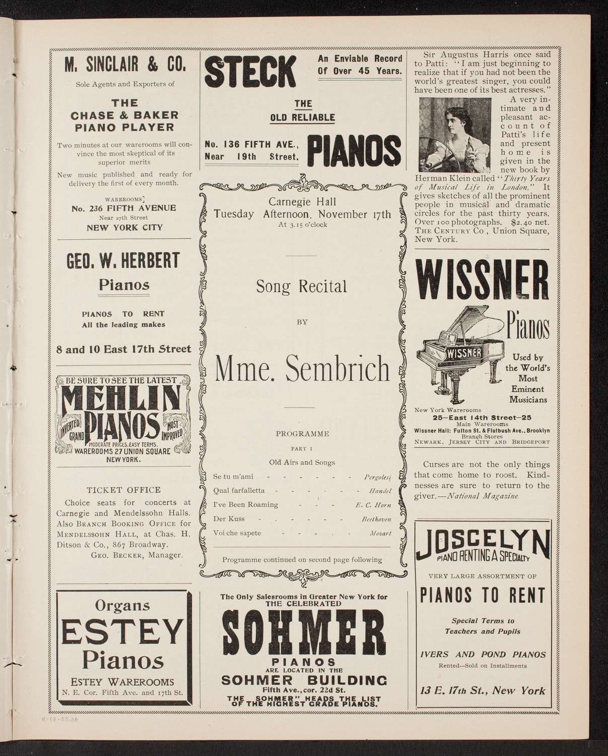 Marcella Sembrich, Soprano, November 17, 1903, program page 5