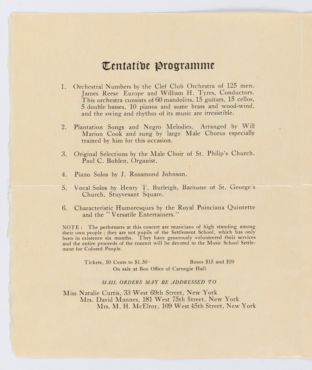 Clef Club Orchestra: Concert of Negro Music, May 2, 1912