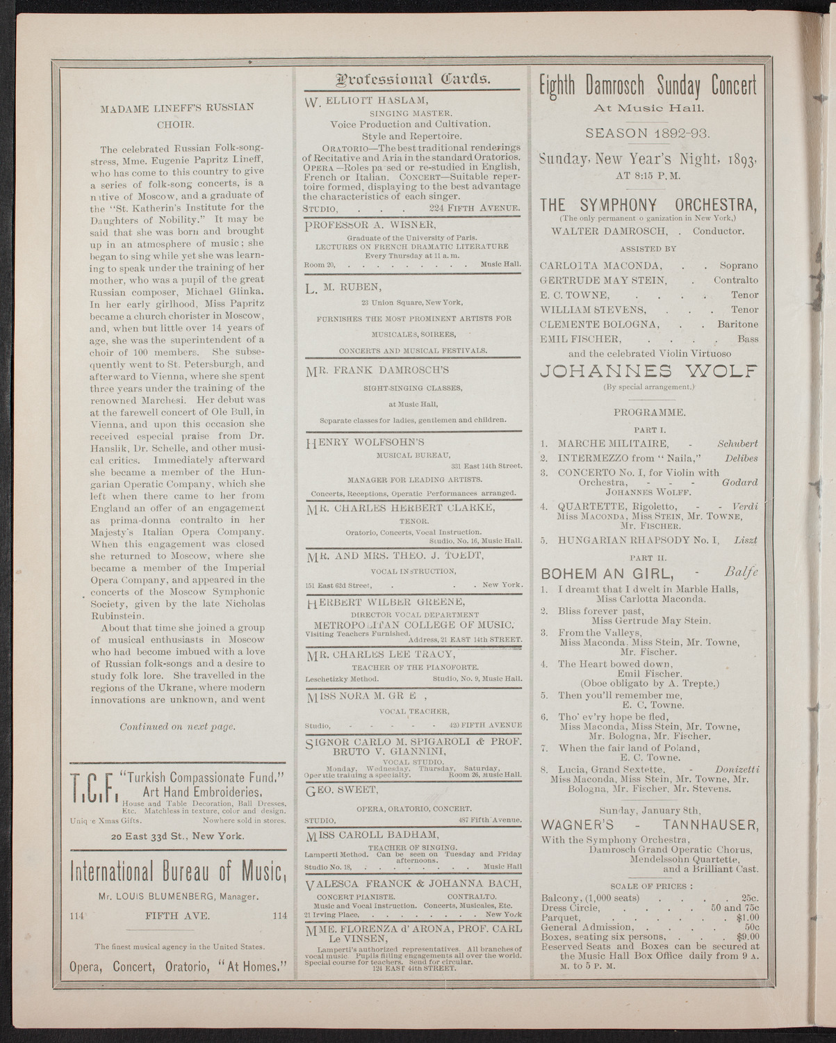 Damrosch Sunday Concert, December 25, 1892, program page 2