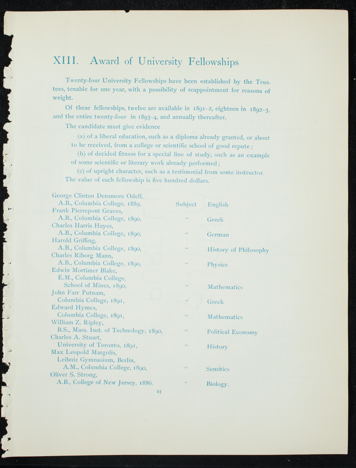 Graduation: Columbia College, June 10, 1891, program page 15