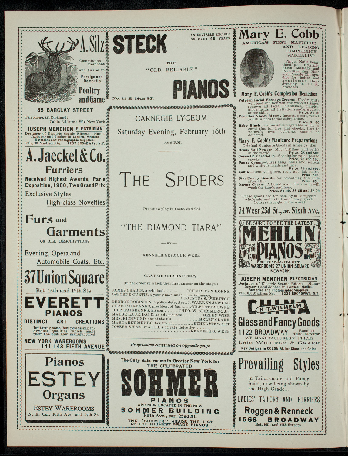 Dramtic Entertainment by The Spiders, February 16, 1901, program page 2