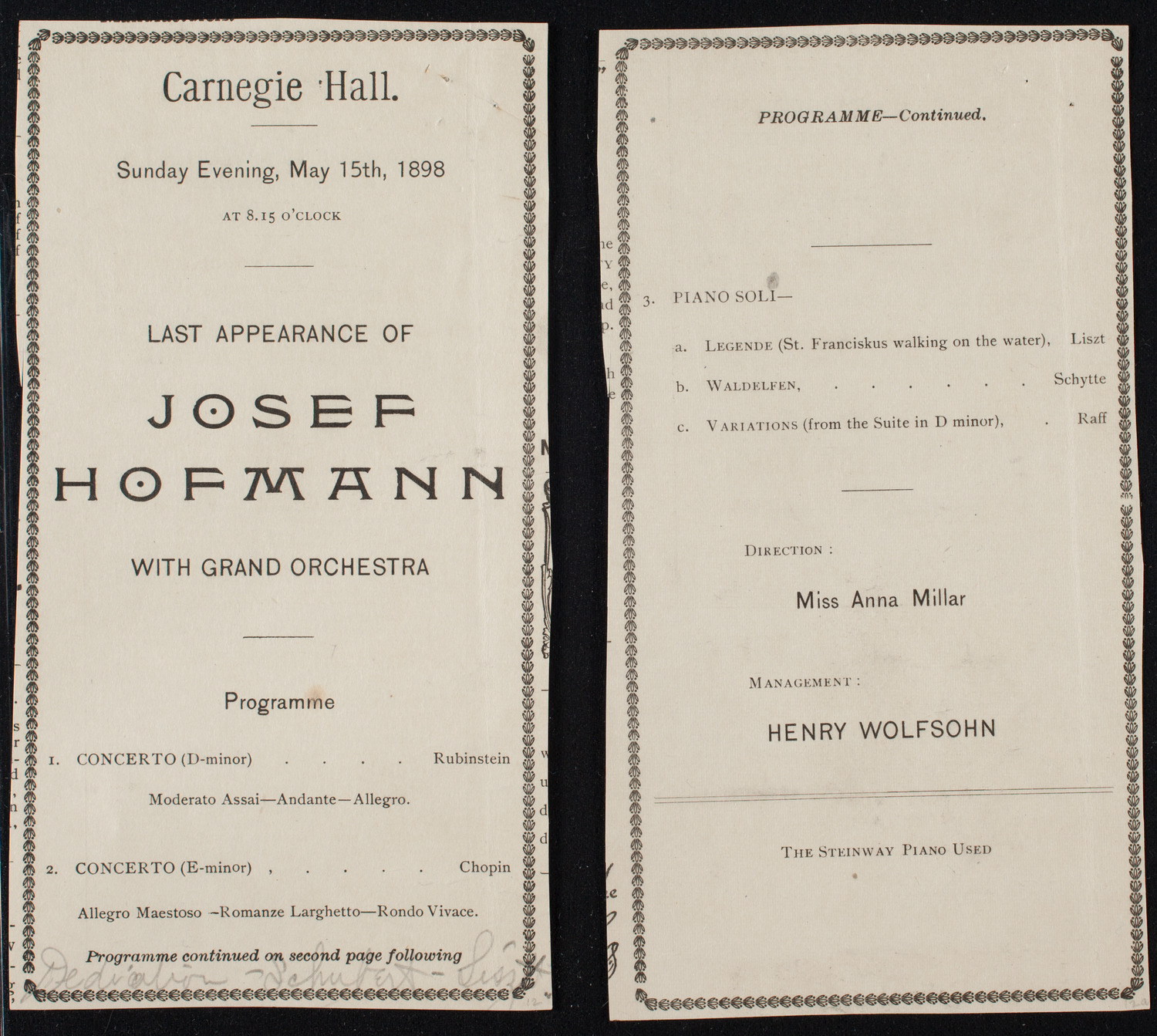 Josef Hofmann, Piano, with Orchestra, May 15, 1898, program page 1