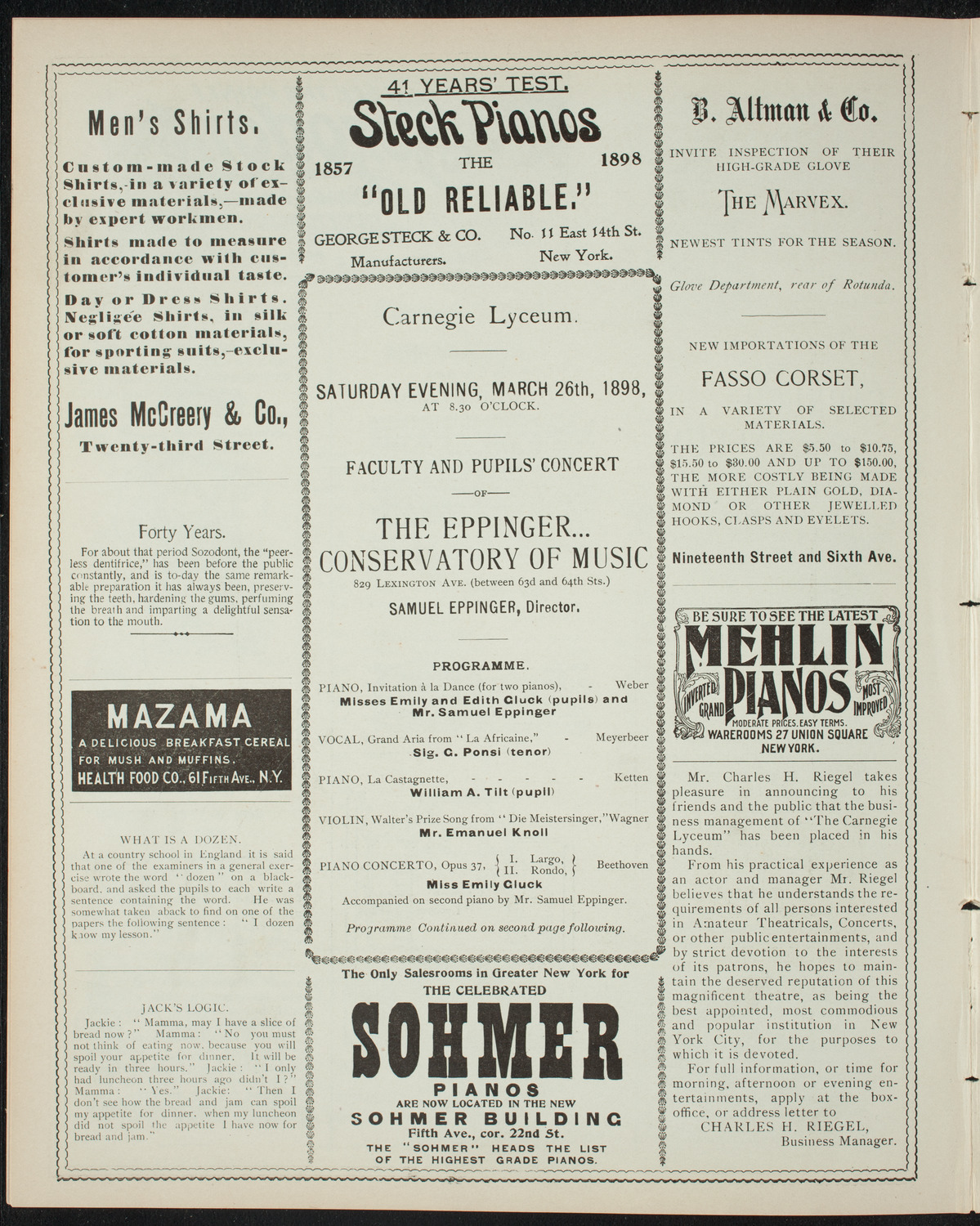 Eppinger Conservatory of Music Faculty and Student Recital, March 26, 1898, program page 4