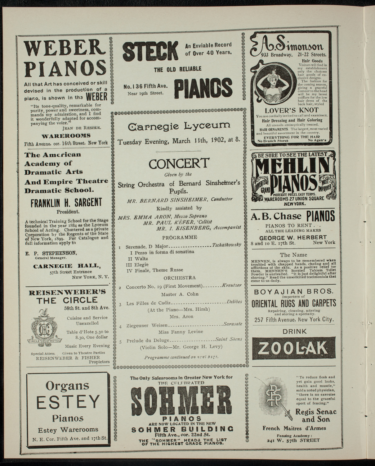 Concert Given By the String Orchestra of Bernard Sinsheimer's Pupils, March 11, 1902, program page 2