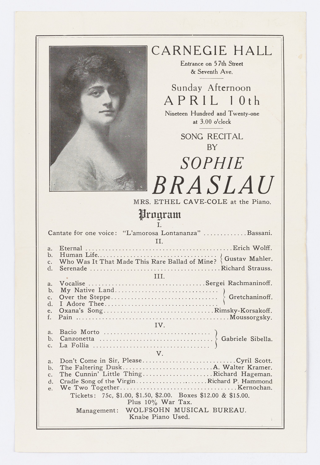 Sophie Braslau, April 10, 1921