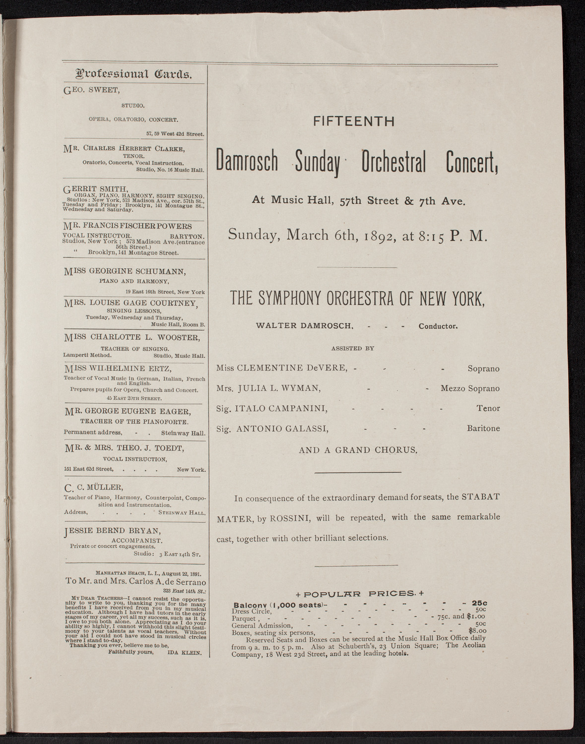 Oratorio Society of New York, March 1, 1892, program page 11