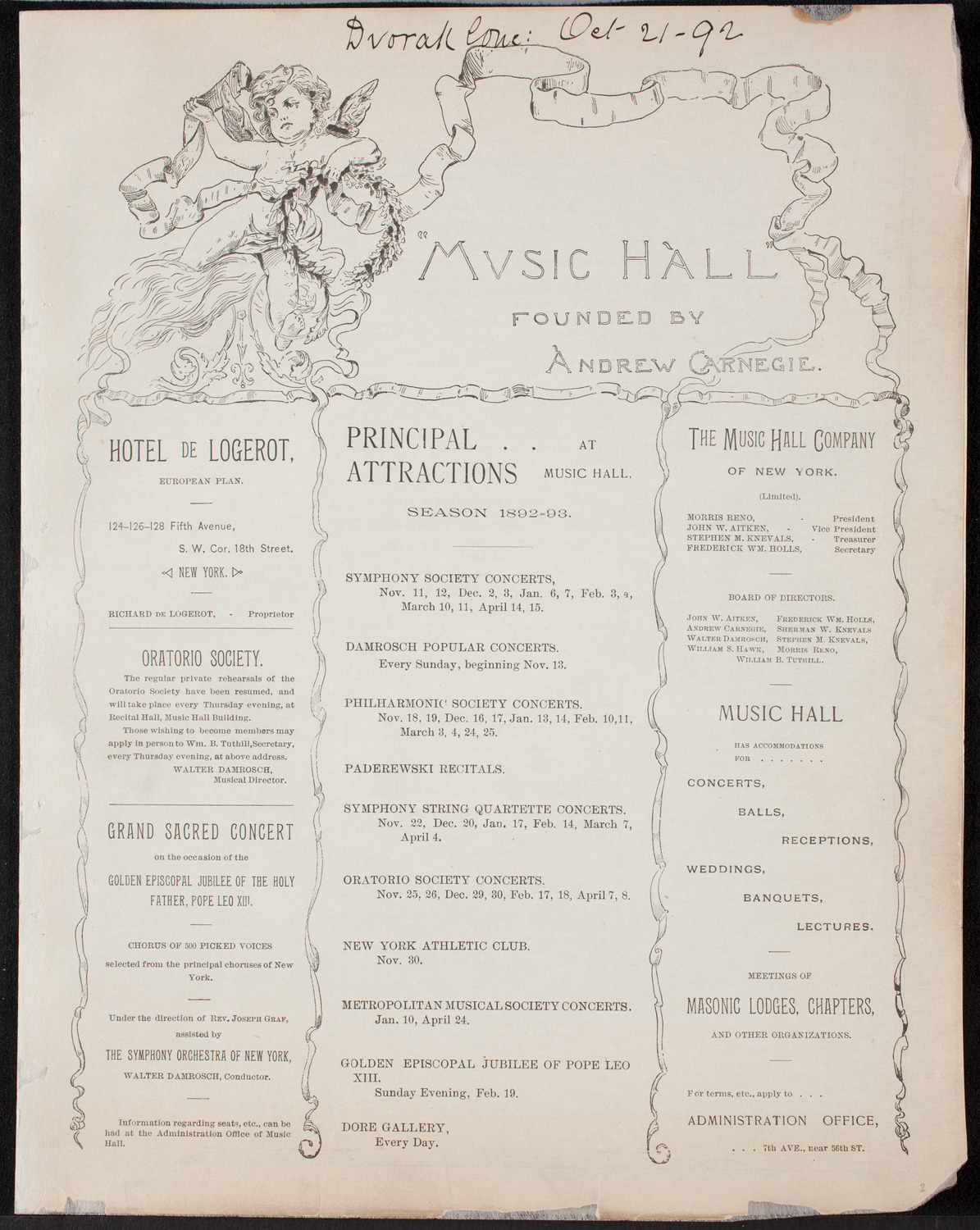 Grand Concert featuring Dr. Antonín Dvorák, October 21, 1892, program page 1