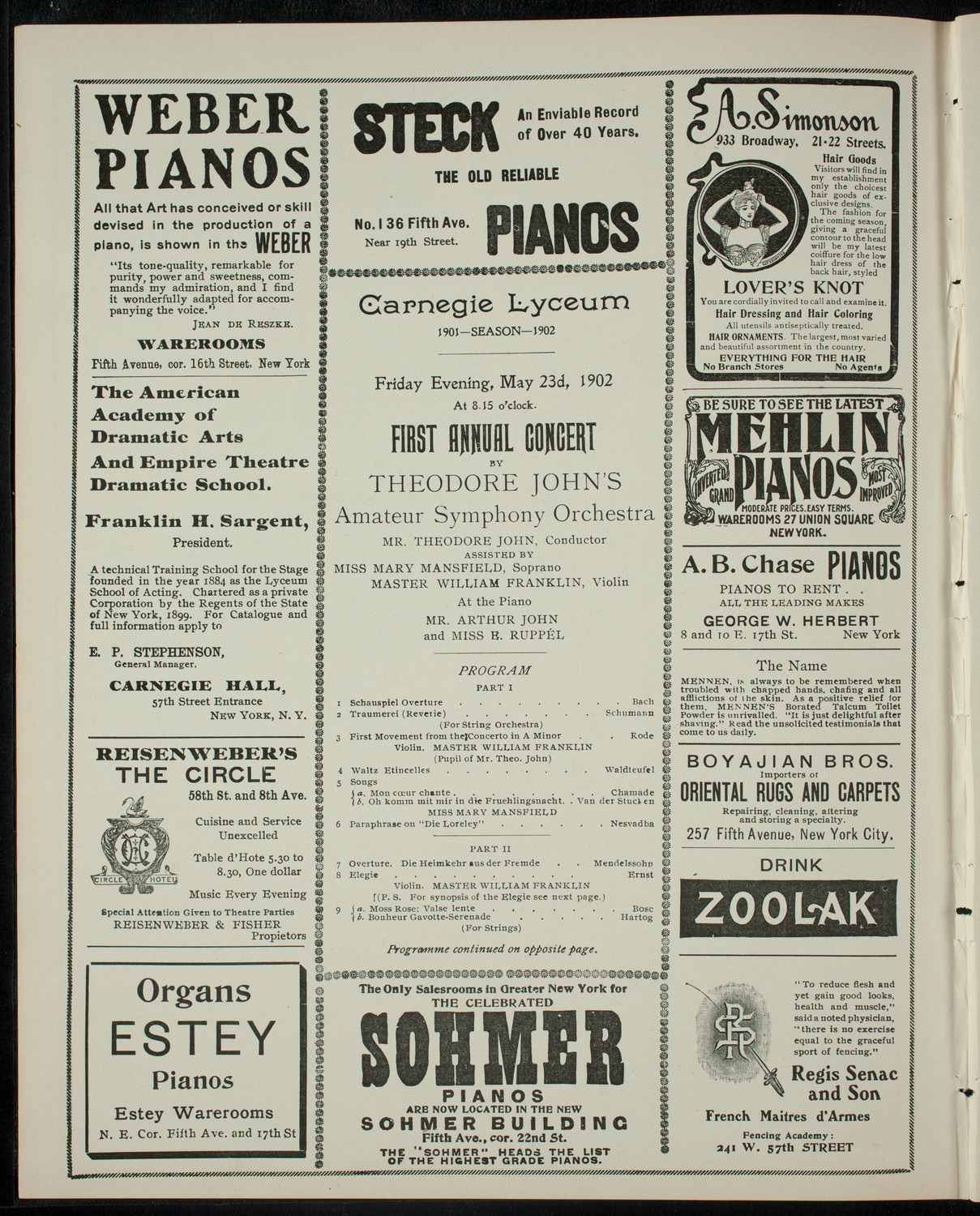 First Annual Concert by Theodore John's Amateur Symphony Orchestra, May 23, 1902, program page 2
