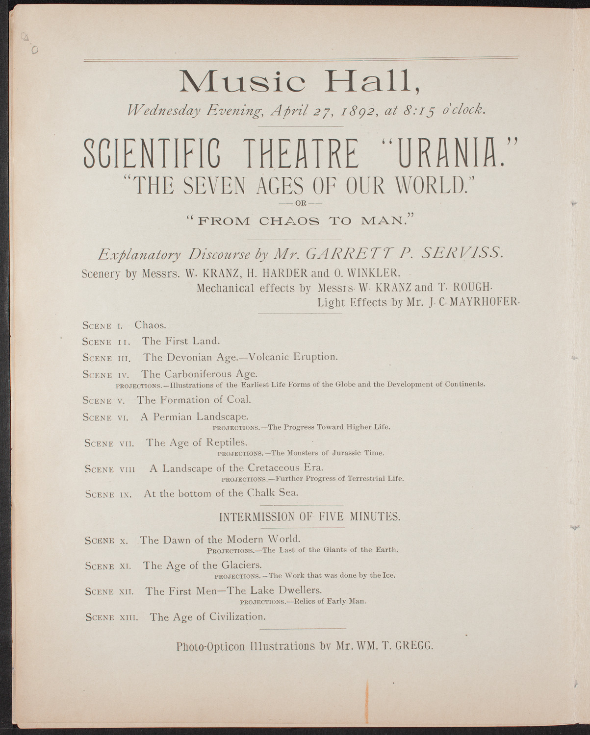 Urania Scientific Theatre, April 27, 1892, program page 6