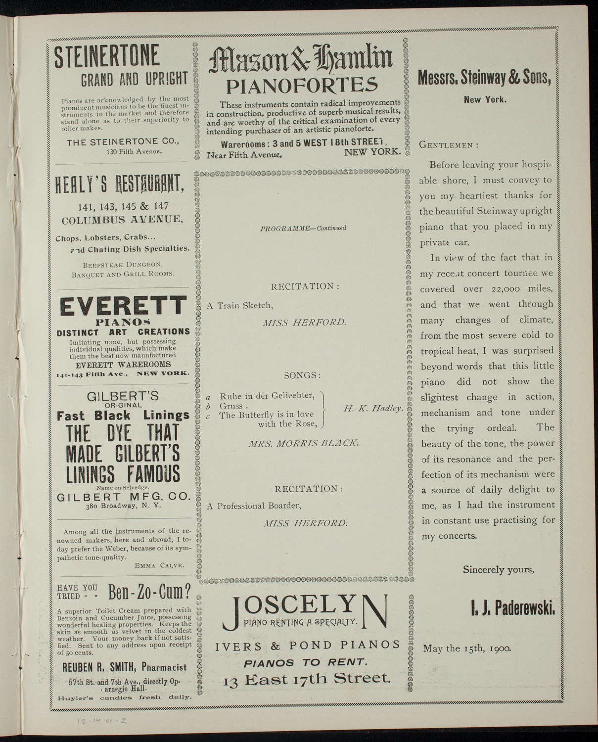 Recital for the Benefit of The Baby Fold, December 14, 1901, program page 3