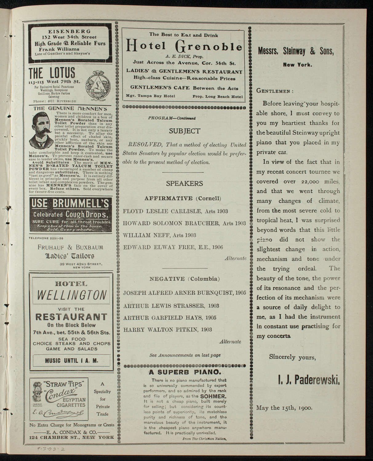 Intercollegiate Debate: Columbia University vs. Cornell University, April 3, 1903, program page 3