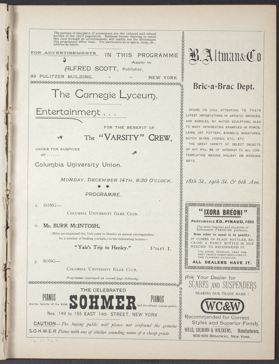 Benefit for the Columbia University Varsity Crew, December 14, 1896, program page 3