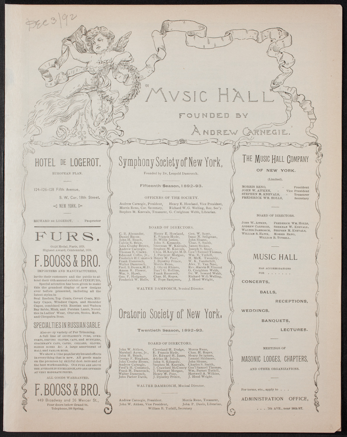 New York Symphony Orchestra, December 3, 1892, program page 1