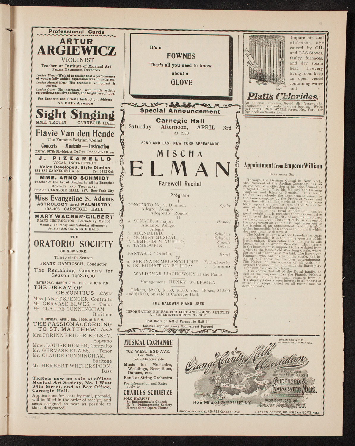 Musical Art Society of New York, March 11, 1909, program page 9