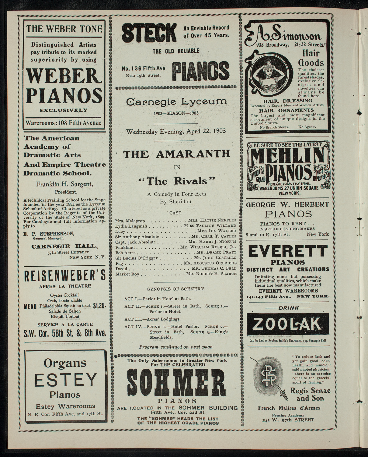 The Amaranth Dramatic Society, April 22, 1903, program page 2