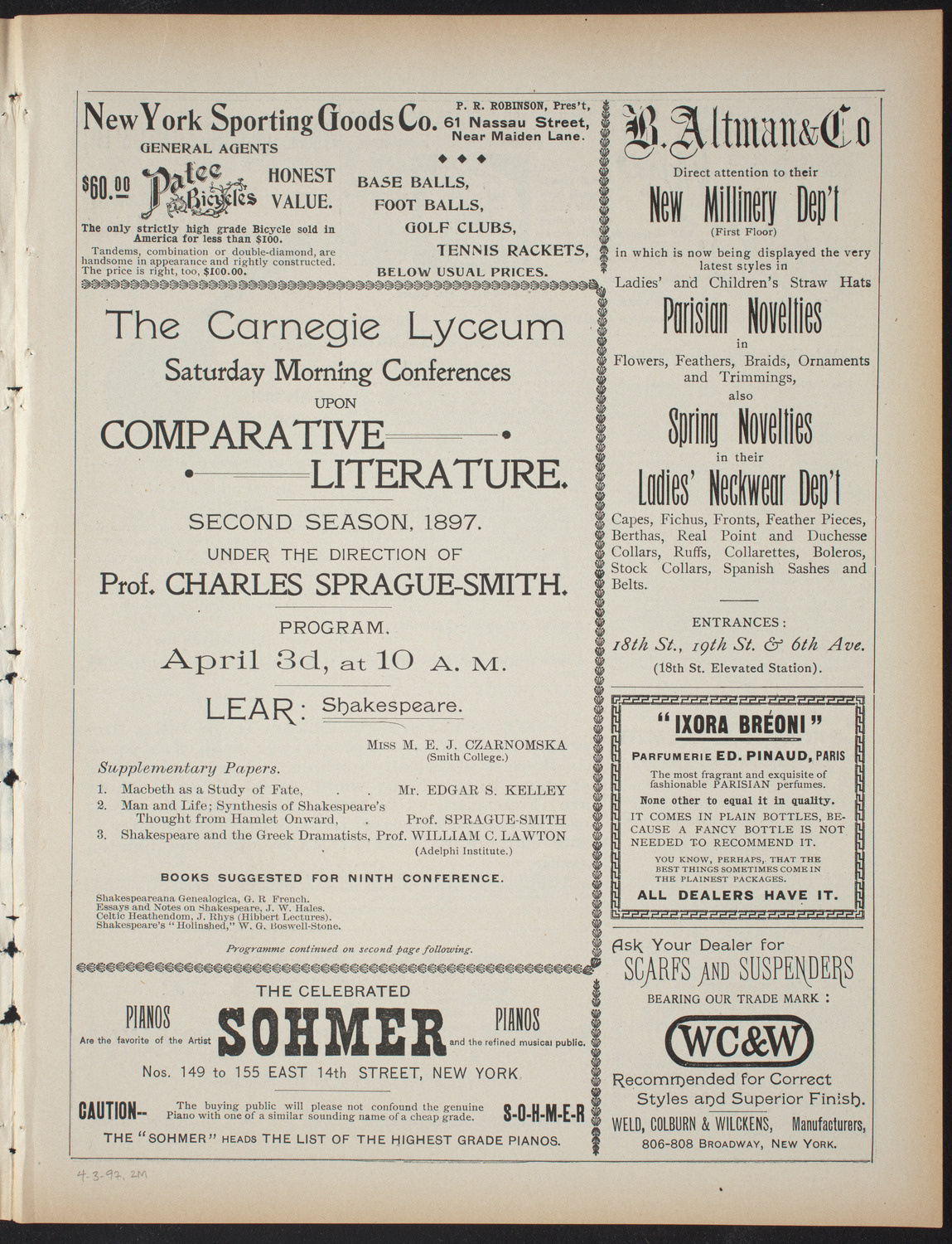 Saturday Morning Conferences on Comparative Literature, April 3, 1897, program page 3