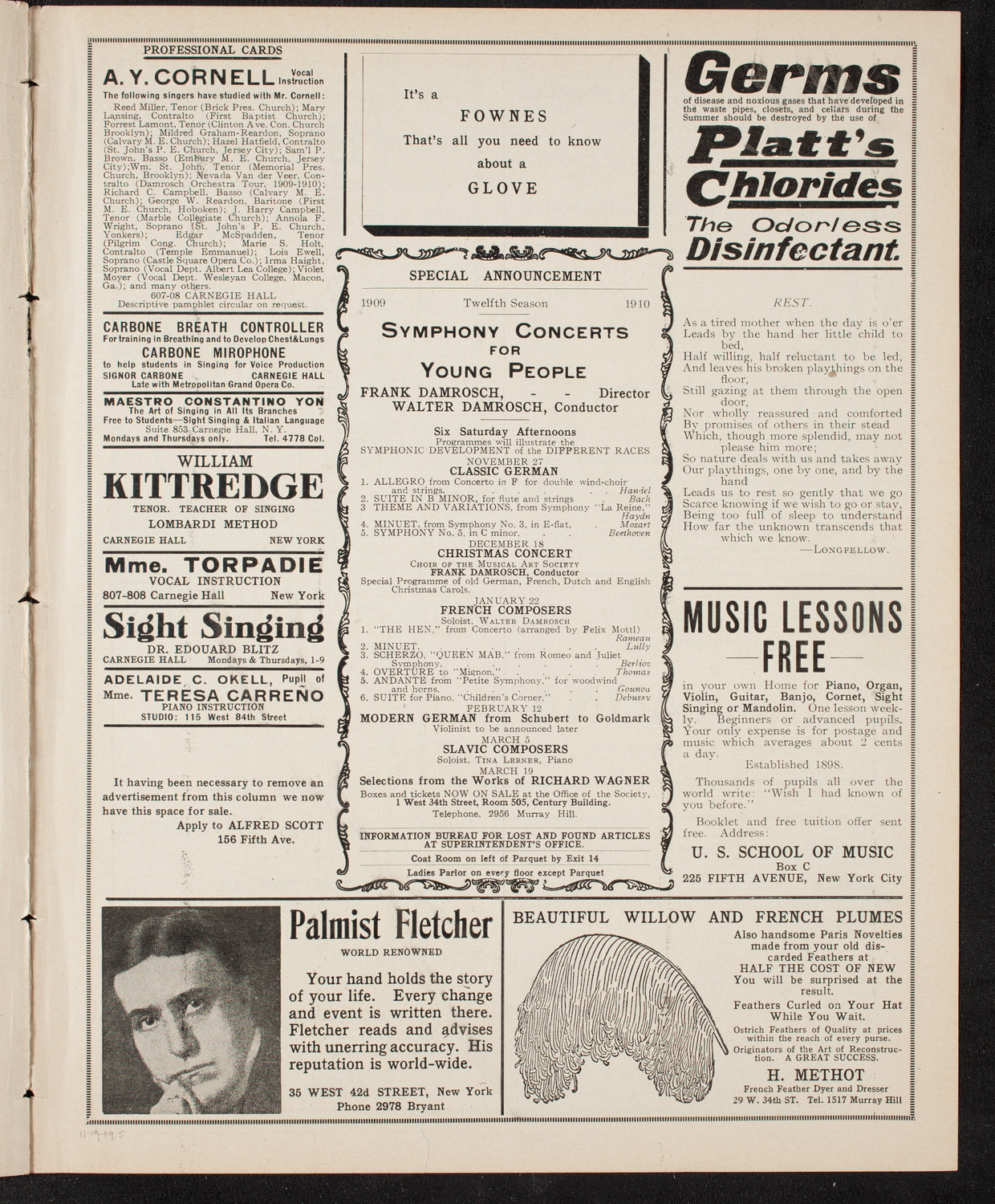 New York Philharmonic, November 19, 1909, program page 9