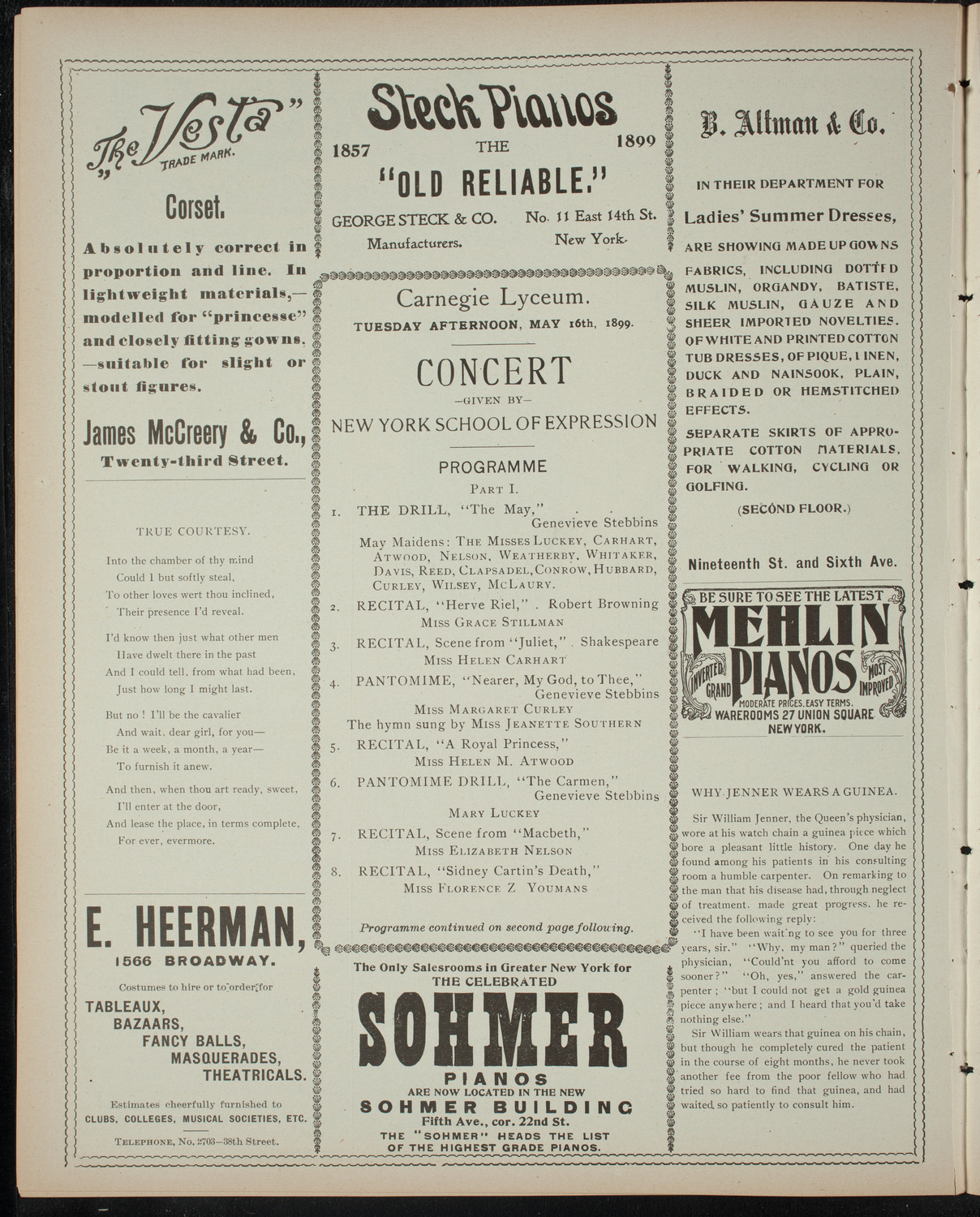 New York School of Expression Student Program and Graduation, May 16, 1899, program page 4