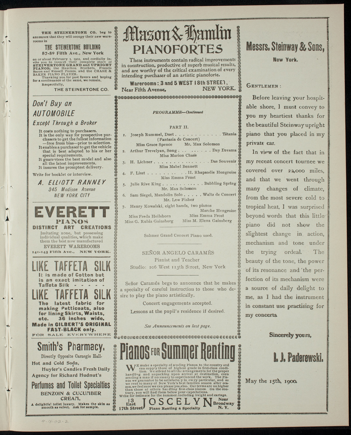 Fifth Annual Concert by the Pupils of Angelo Caramés, April 18, 1902, program page 3