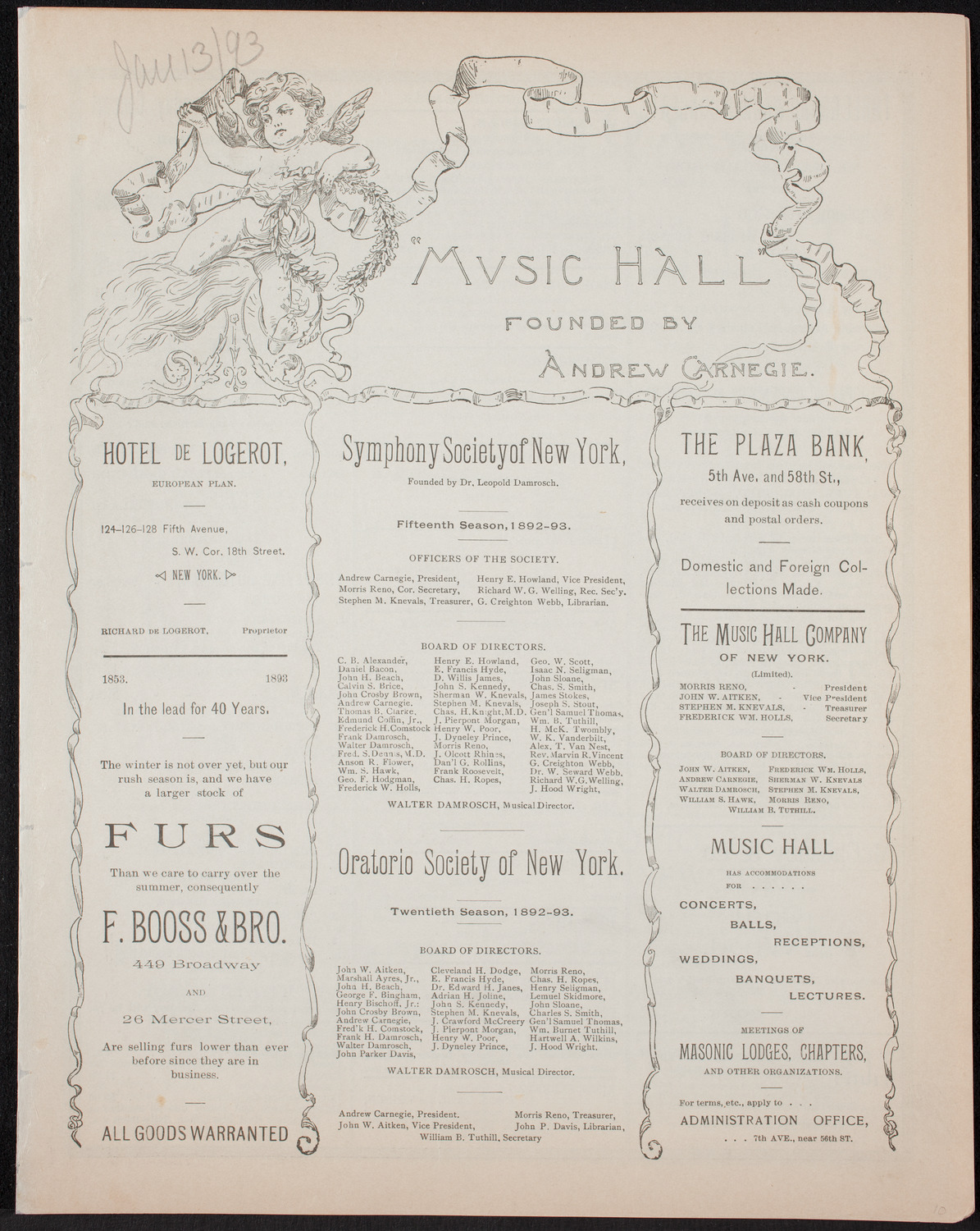 New York Philharmonic, January 13, 1893, program page 1