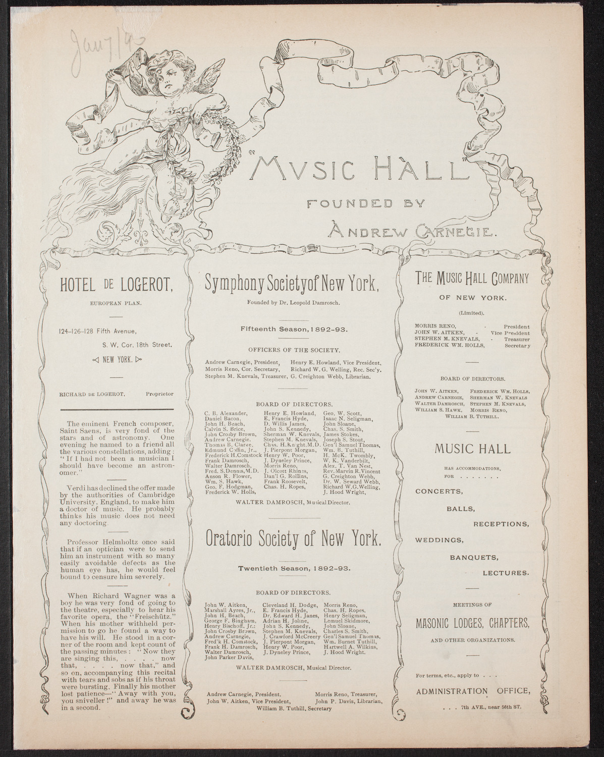 Ignacy Jan Paderewski, Piano, January 7, 1893, program page 1