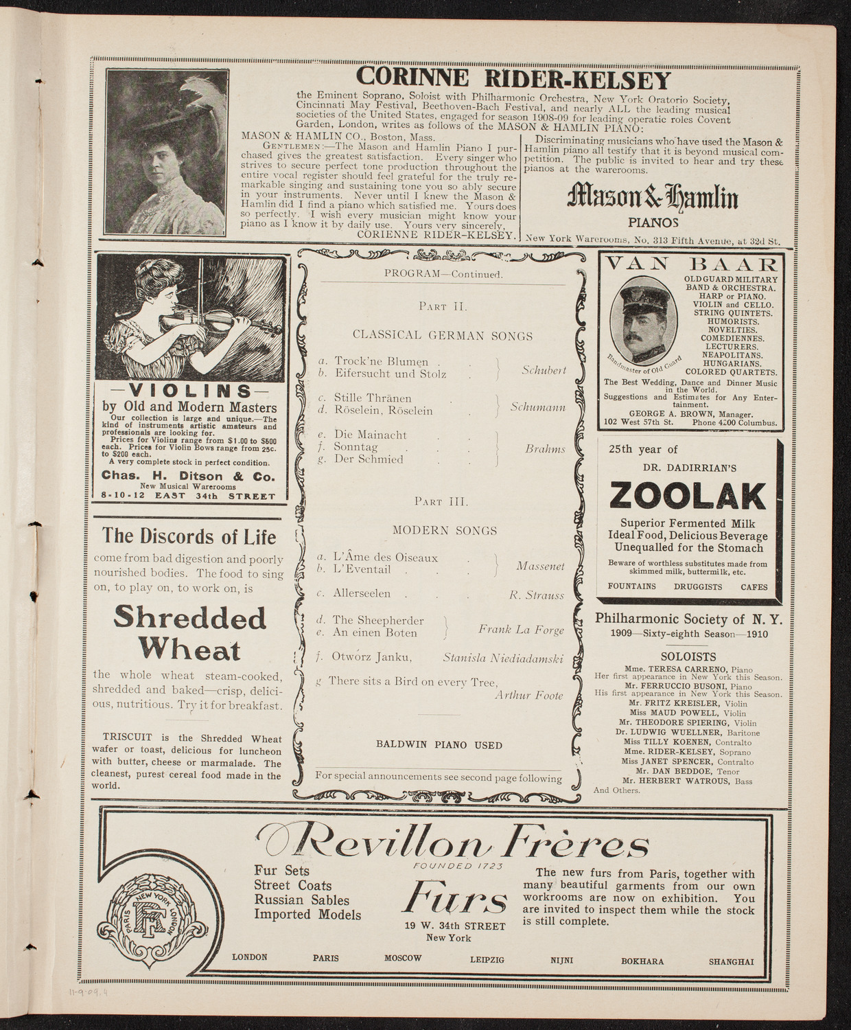 Marcella Sembrich, Soprano, November 9, 1909, program page 7