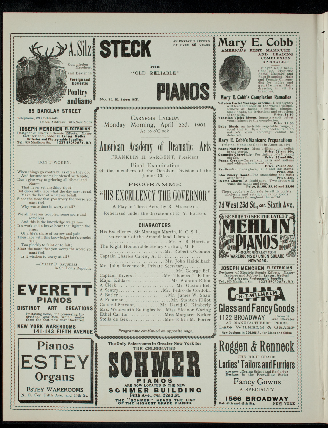 American Academy of Dramatic Arts Final Examination, April 22, 1901, program page 2