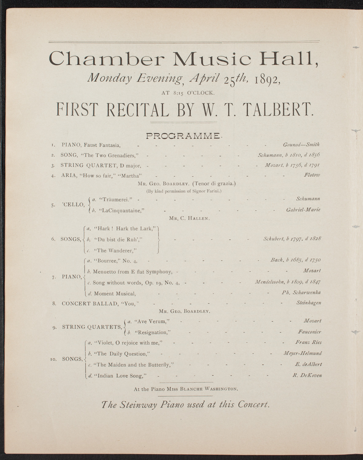 W.T. Talbert, April 25, 1892, program page 6