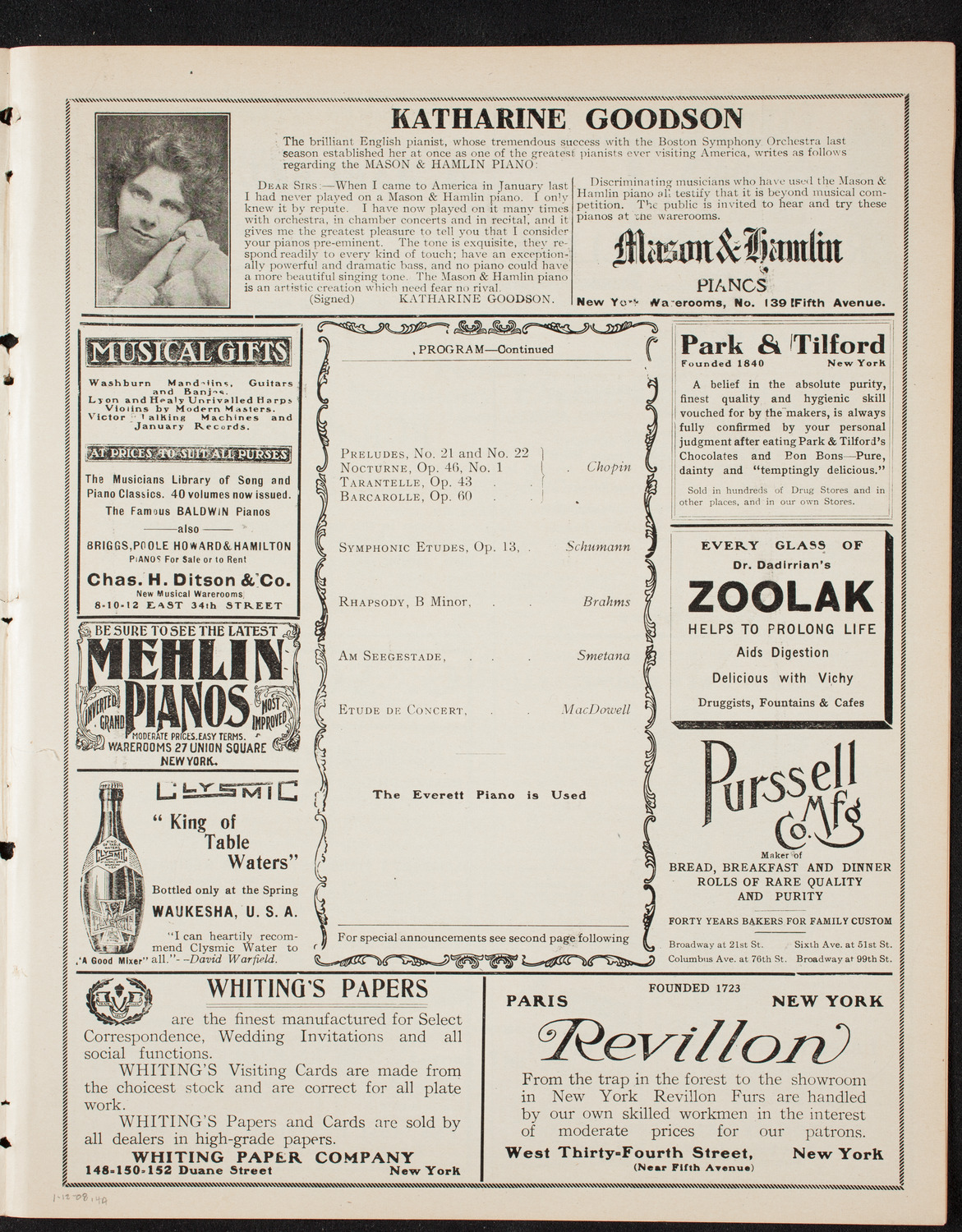 Teresa Carreño, Piano, January 12, 1908, program page 7