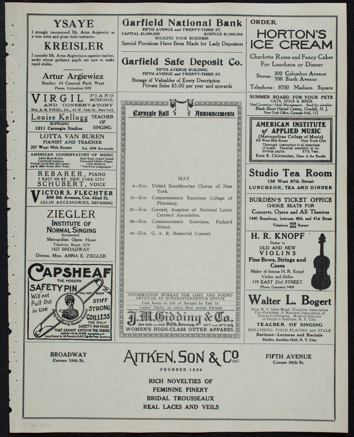 Efrem Zimbalist, Violin, April 27, 1913, program page 3