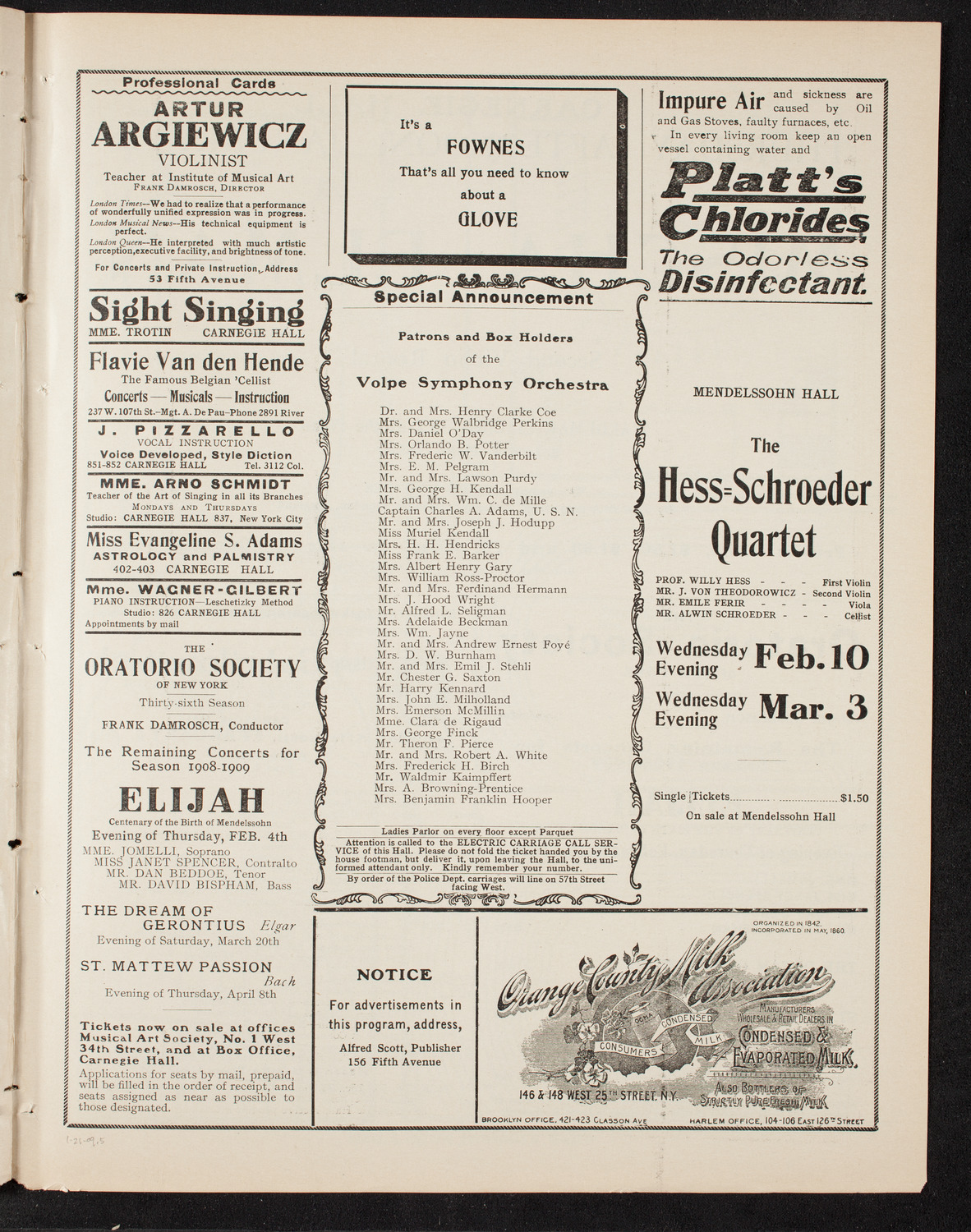 Volpe Symphony Society of New York, January 21, 1909, program page 9