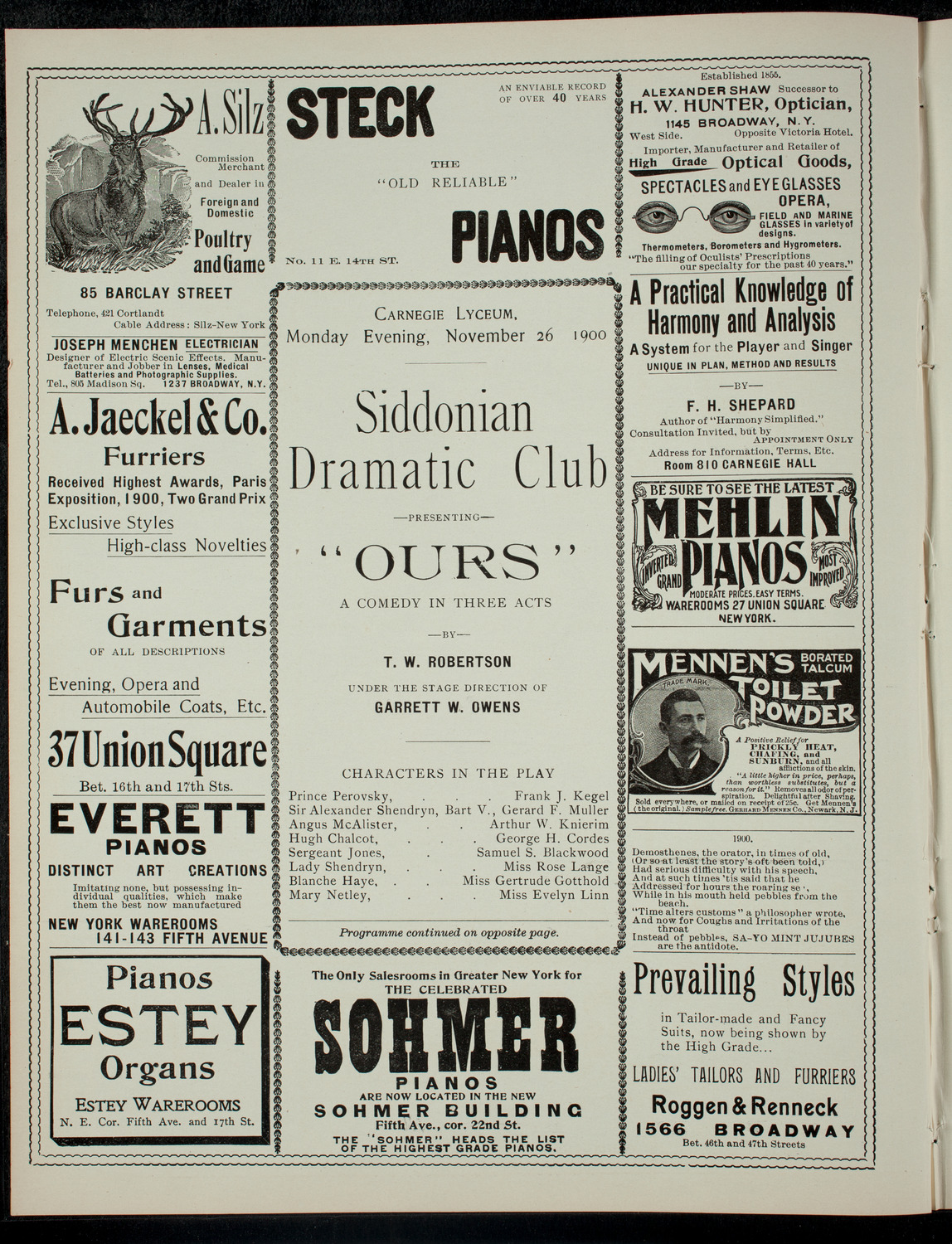 Siddonian Dramatic Club presenting "Ours", November 26, 1900, program page 2