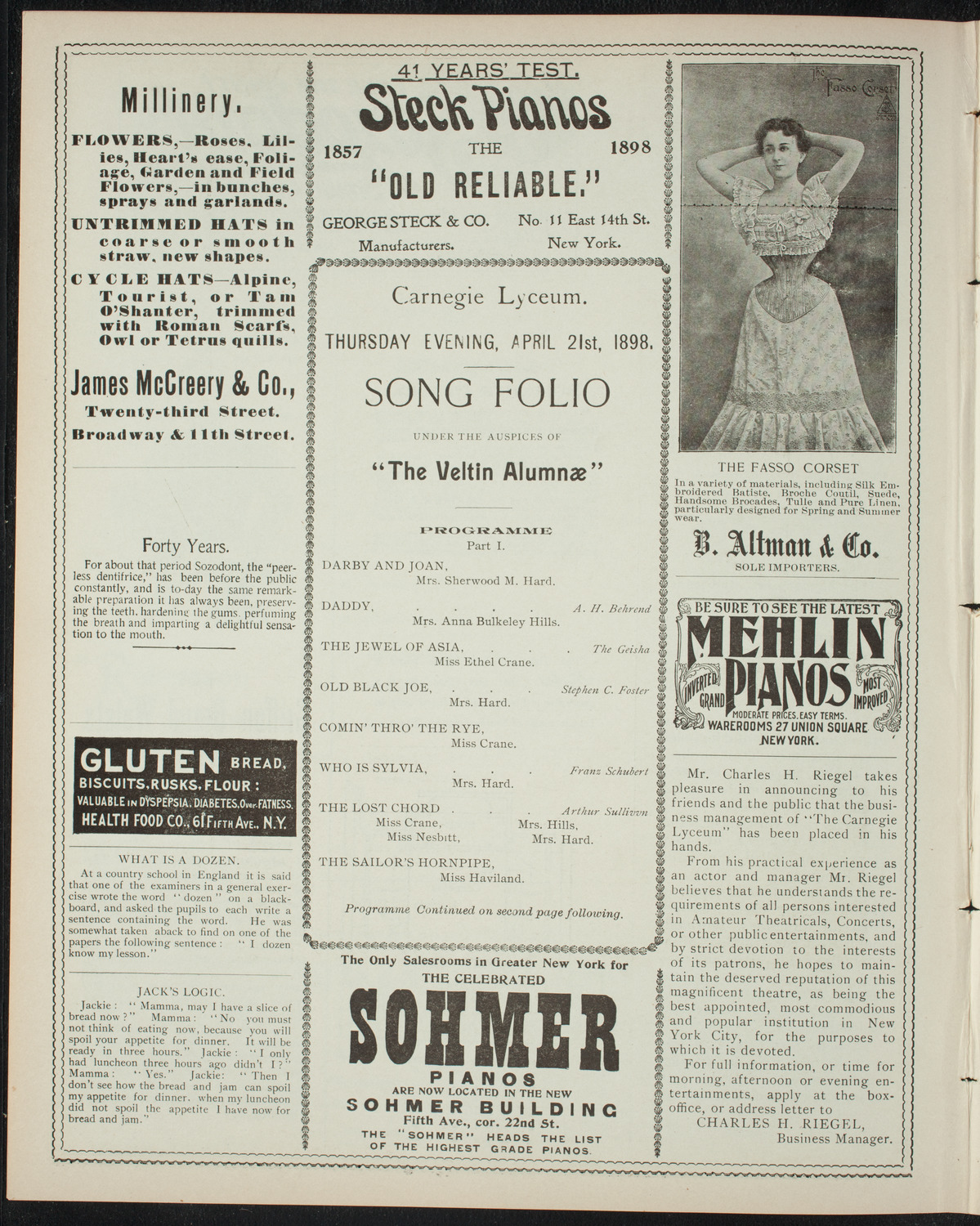 Veltin Alumni "Song Folio", April 21, 1898, program page 4