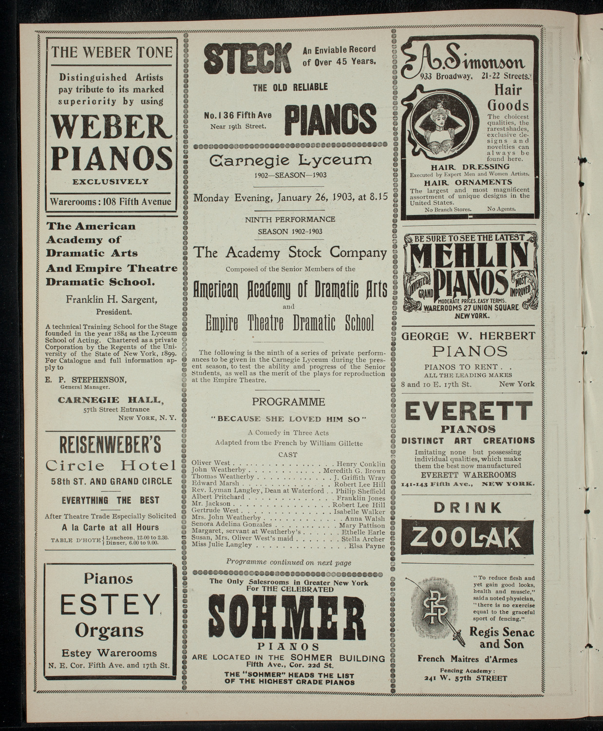 Academy Stock Company of the American Academy of Dramatic Arts/Empire Theatre Dramatic School, January 26, 1903, program page 2