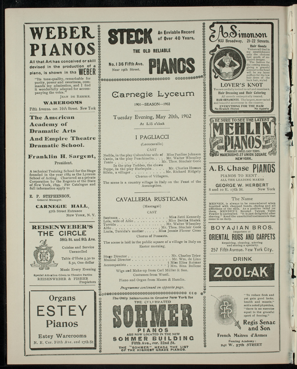 Presentation of "I Pagliacci" and "Cavalleria Rusticana", May 20, 1902, program page 2