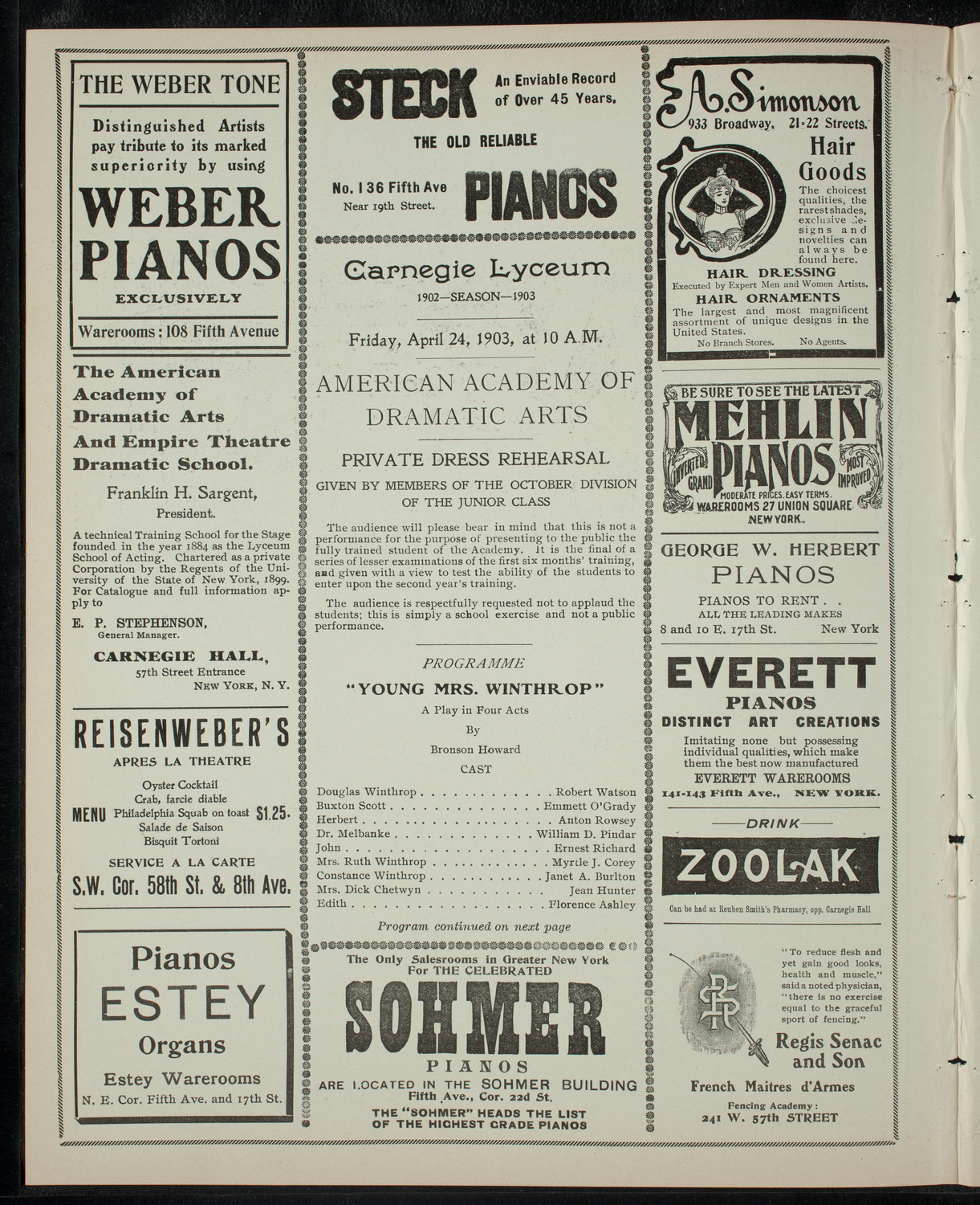 American Academy of Dramatic Arts, April 24, 1903, program page 2