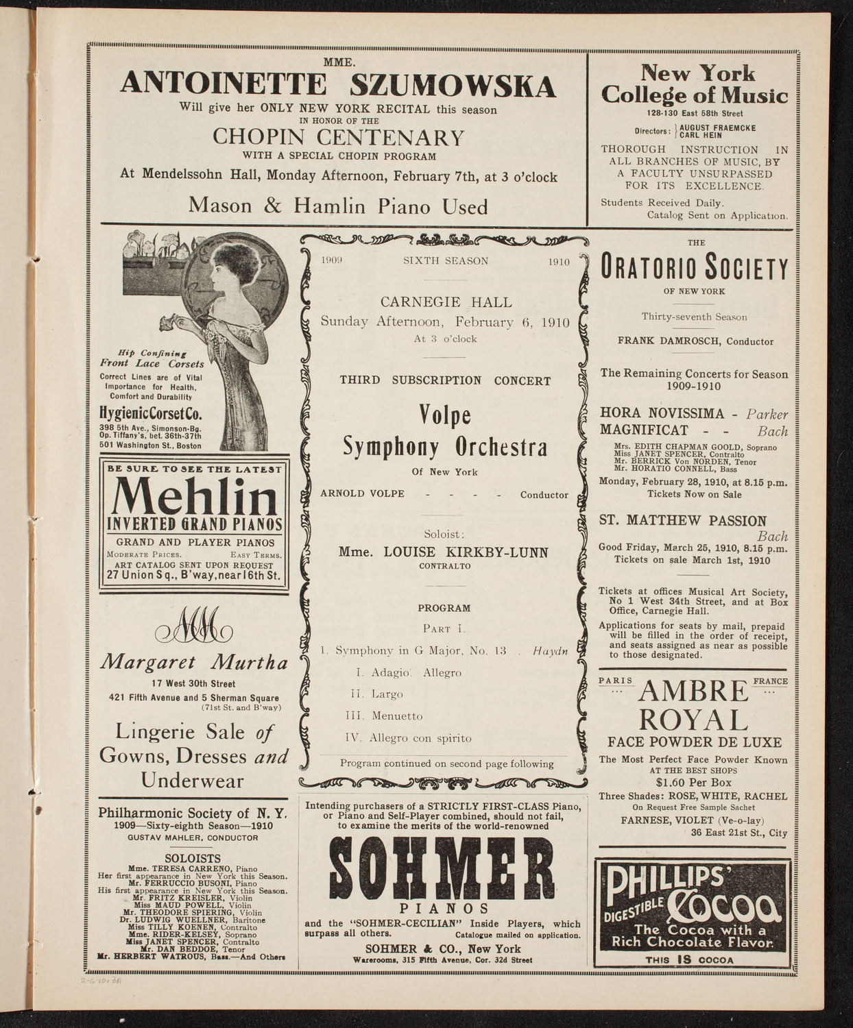 Volpe Symphony Society of New York, February 6, 1910, program page 5